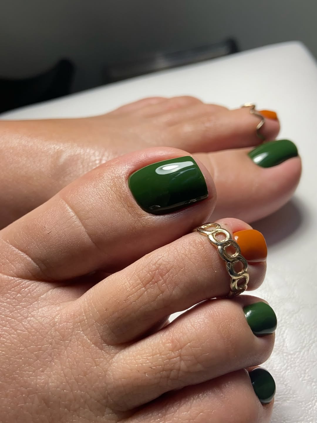 Glossy Dark Green and Orange Block Pedicure