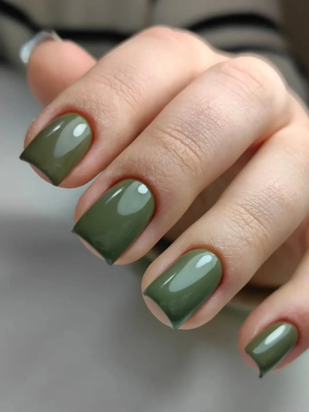 Glossy Dark Olive Green Short Squoval Nails