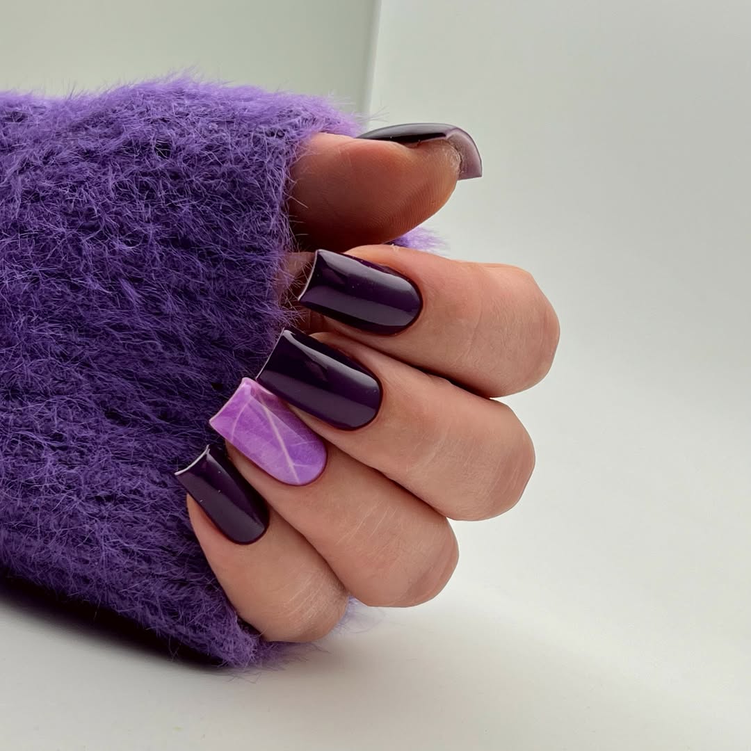 Glossy Dark Purple Square Nails with White Marble Accent