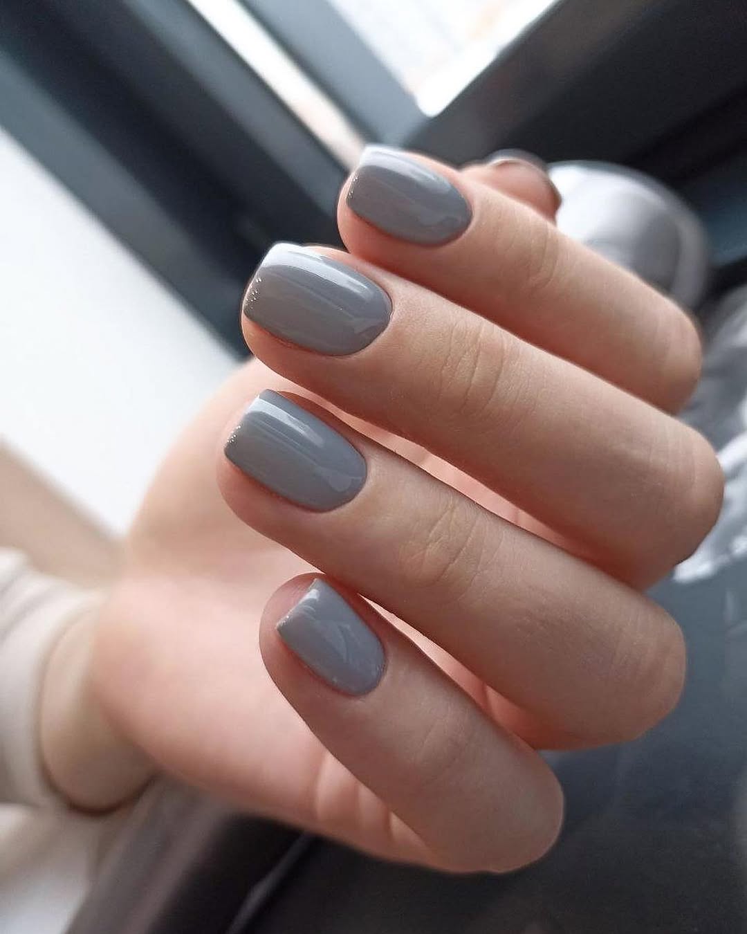 Glossy Dusty Blue Short Squoval Nails