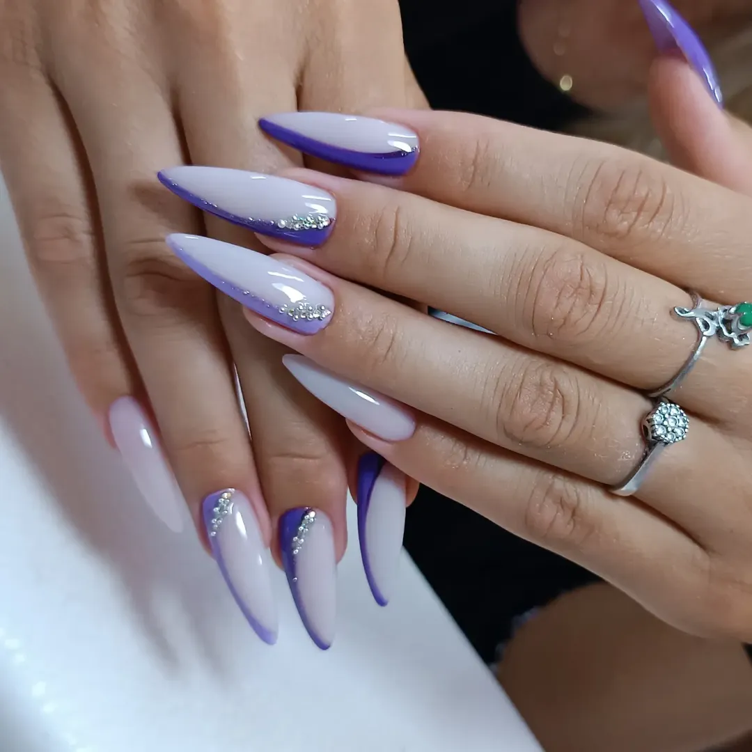 Glossy Lavender French Tips with Silver Rhinestones