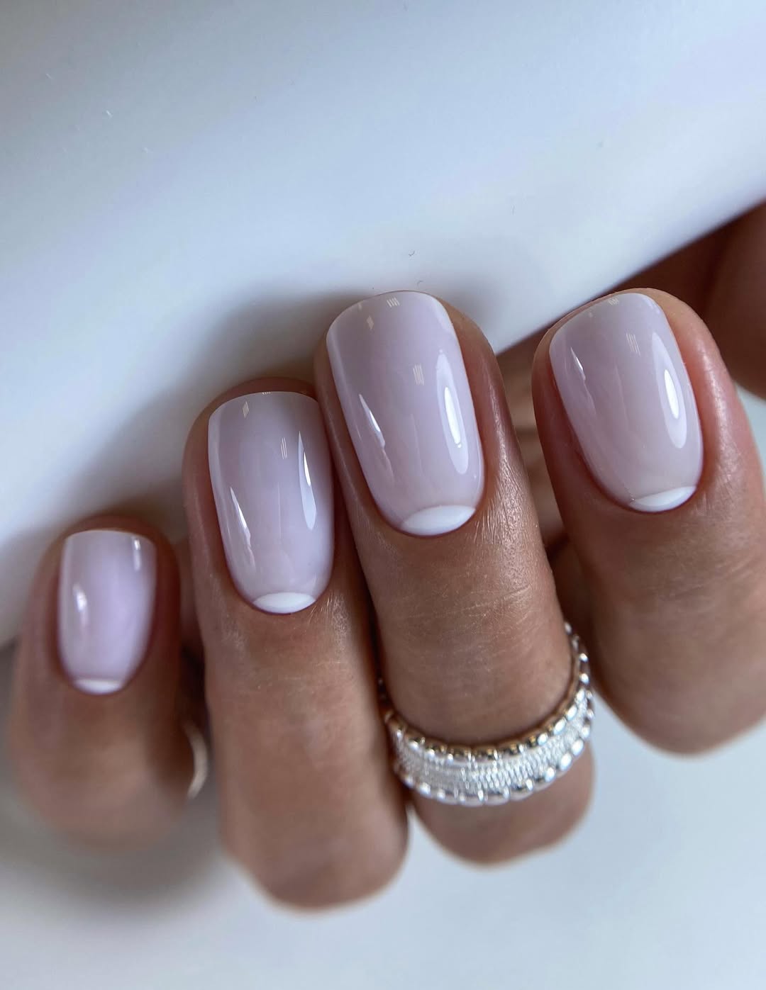 Glossy Lavender Milky Negative Space French Tip Nails