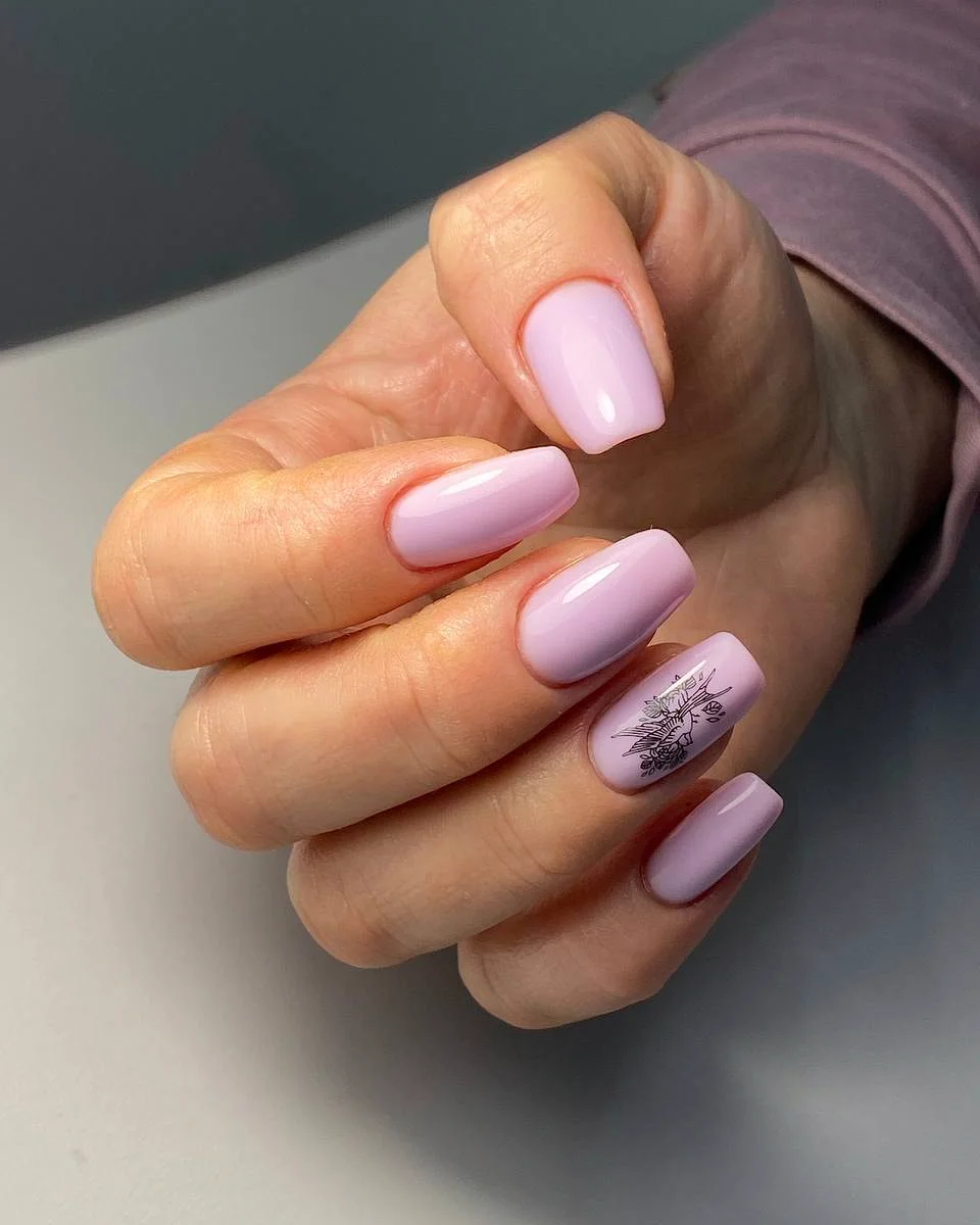 Glossy Lilac Coffin Nails with Floral Art