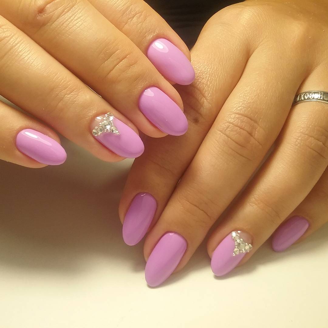 Glossy Lilac Oval Nails With Rhinestone Clusters