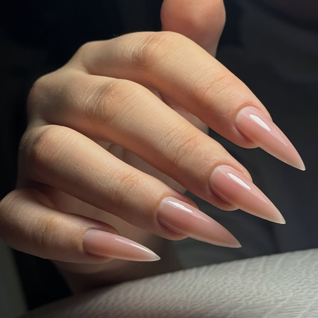 Glossy Nude Pink Stiletto Gel Manicure