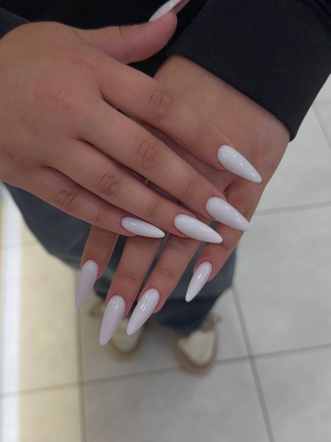Glossy Opaque White Stiletto Acrylic Nails