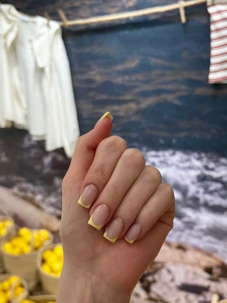 Glossy Pale Yellow Square French Manicure