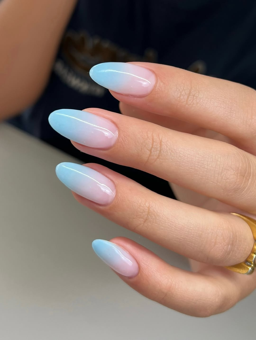 Glossy Pastel Blue Pink Ombré Almond Nails