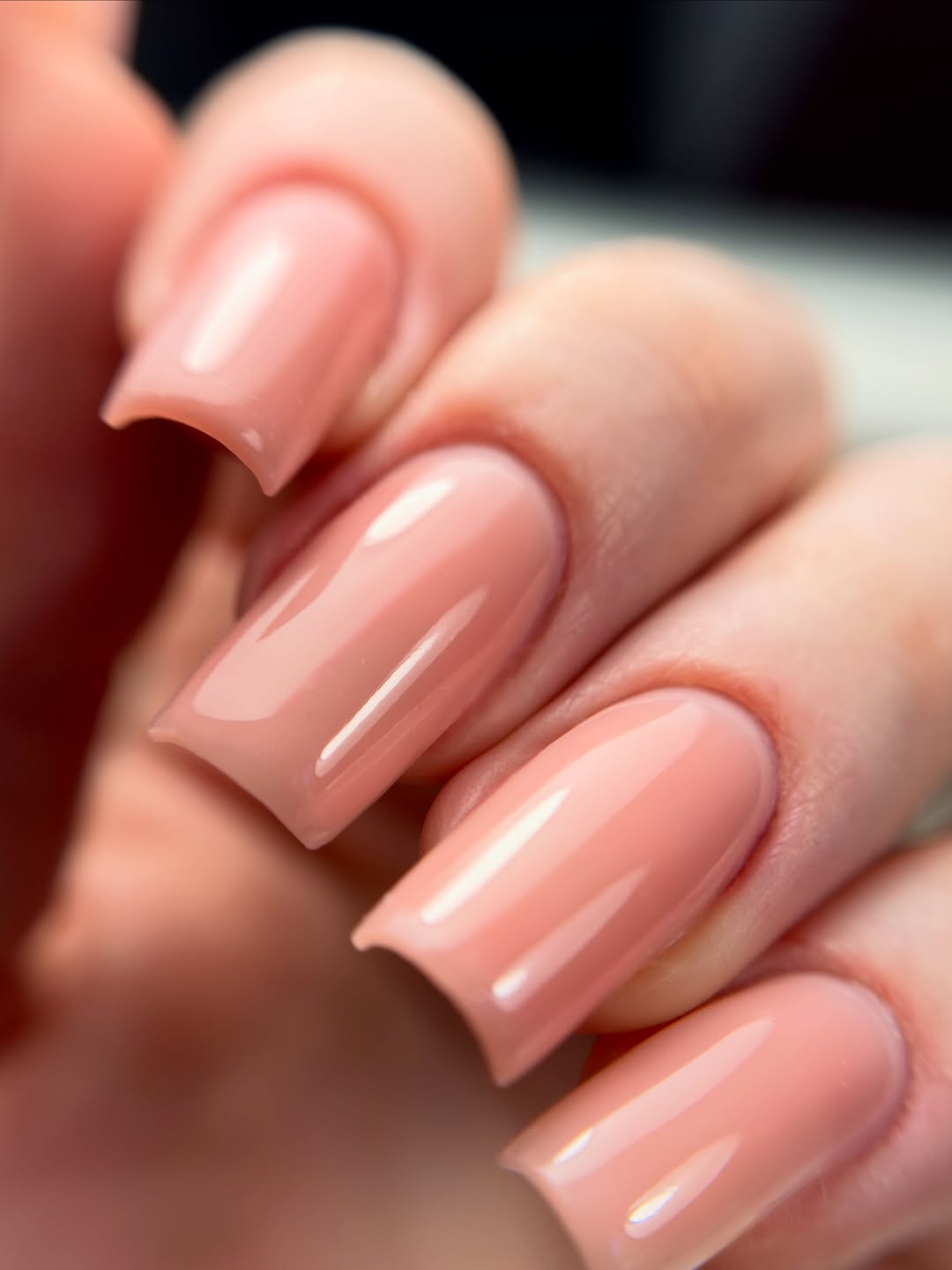 Glossy Peachy Nude Square Gel Nails