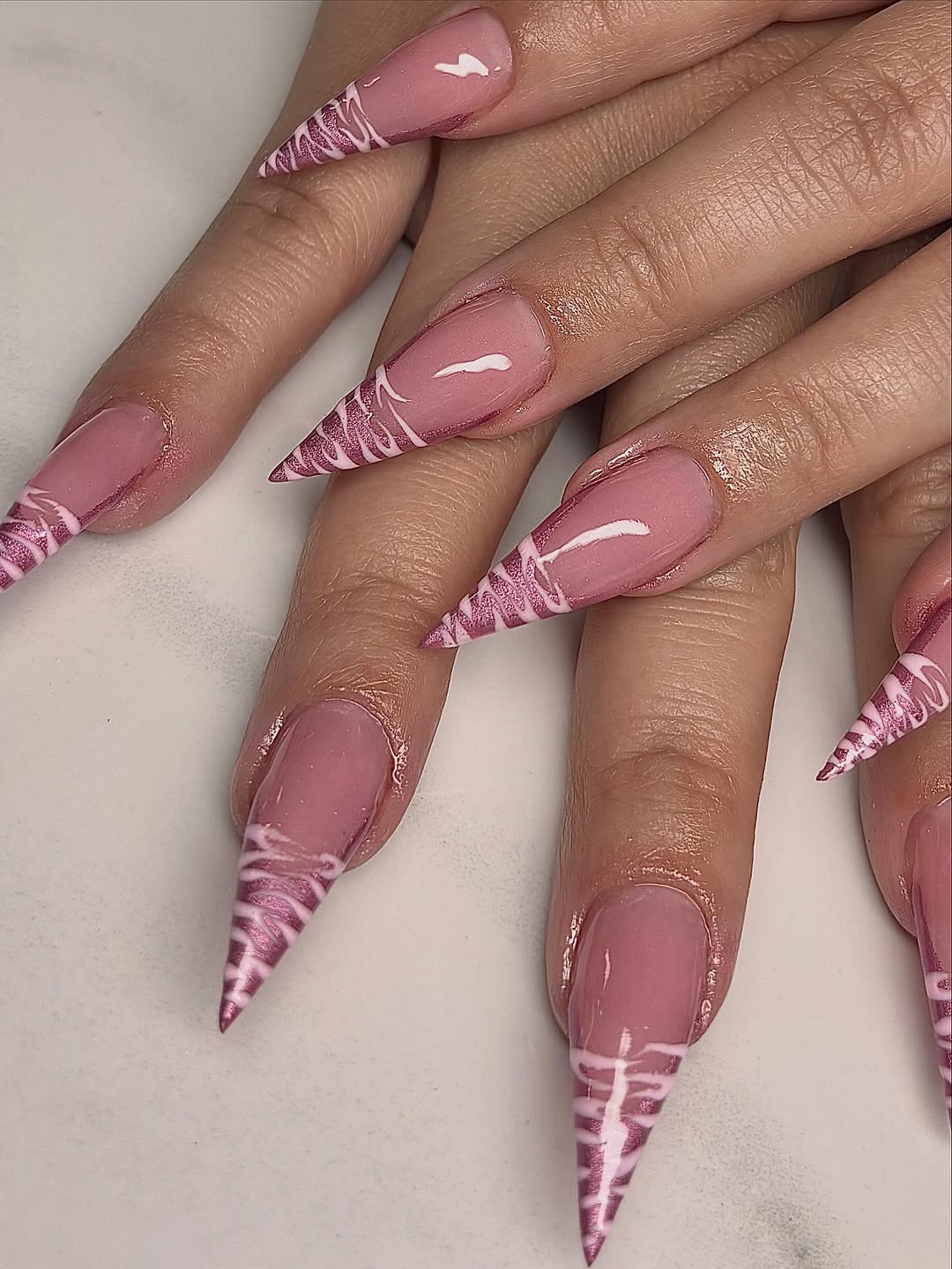 Glossy Pink Animal Print Stiletto Nails