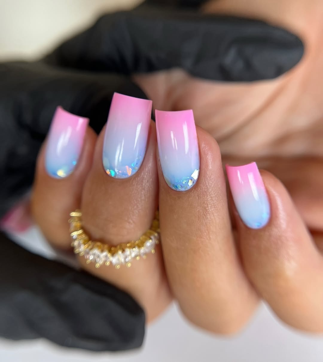 Glossy Pink Blue Ombre Square Glitter Nails