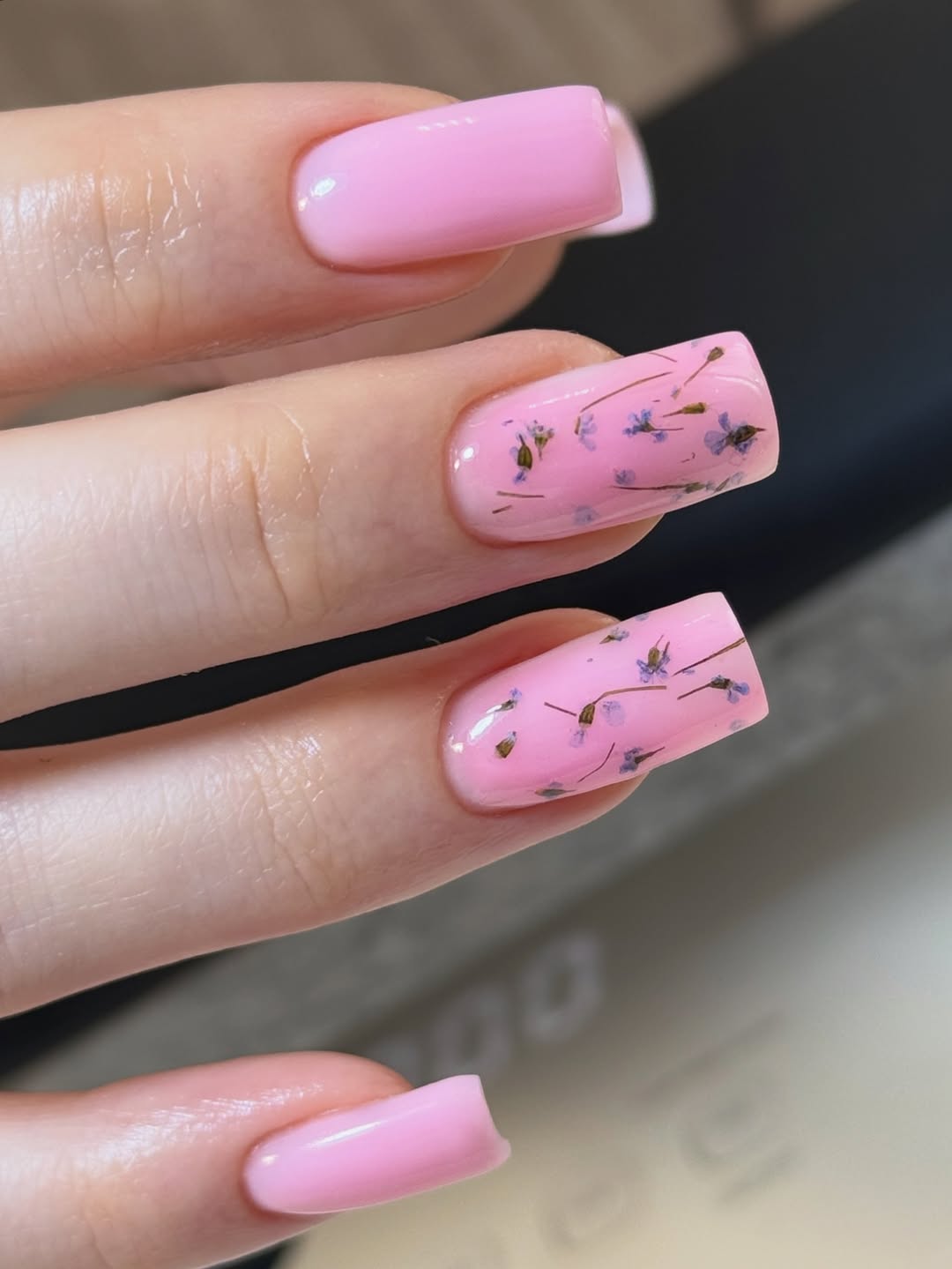 Glossy Pink Pressed Flower Square Nails