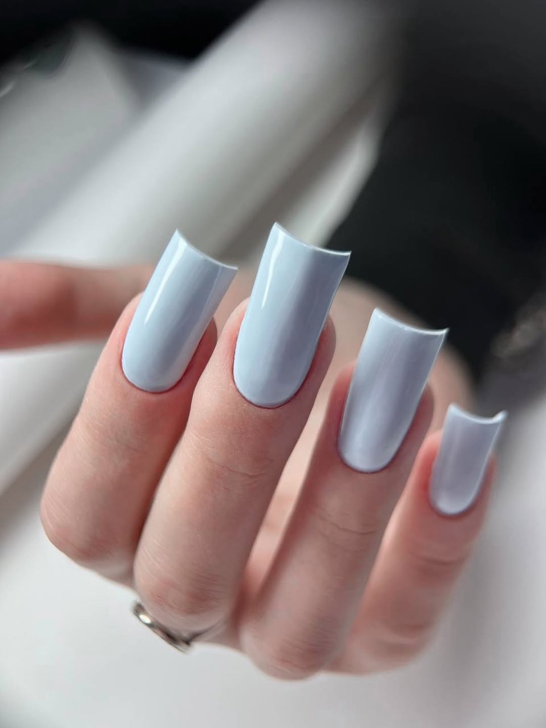 Glossy Powder Blue Long Square Nails