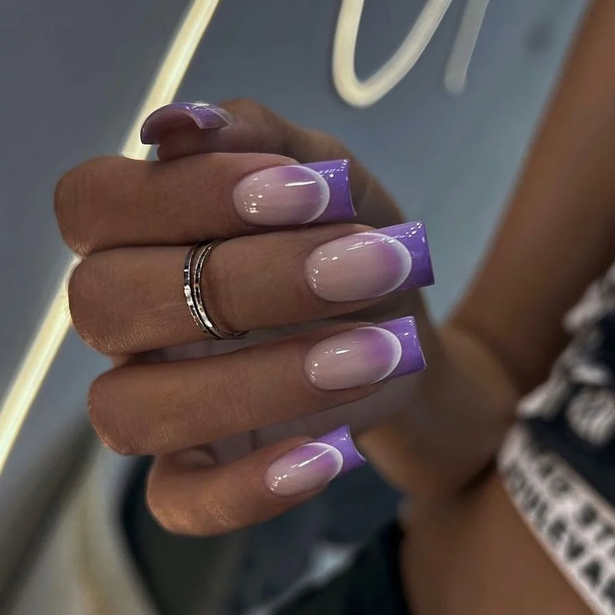 Glossy Purple Ombre Squoval Nails