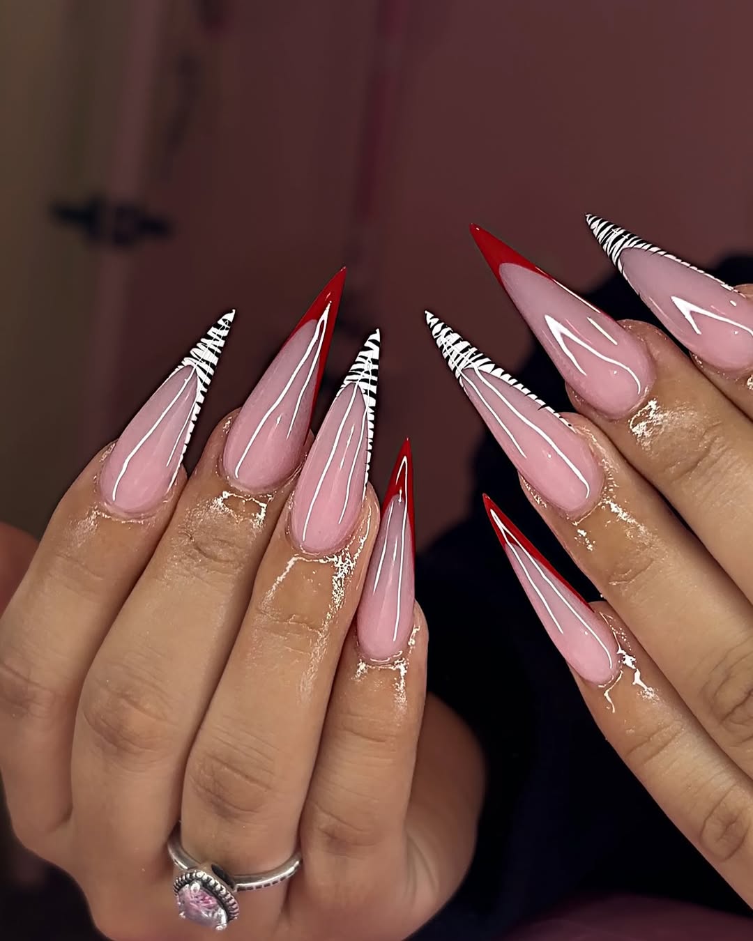 Glossy Red and Zebra Print Stiletto French Tips