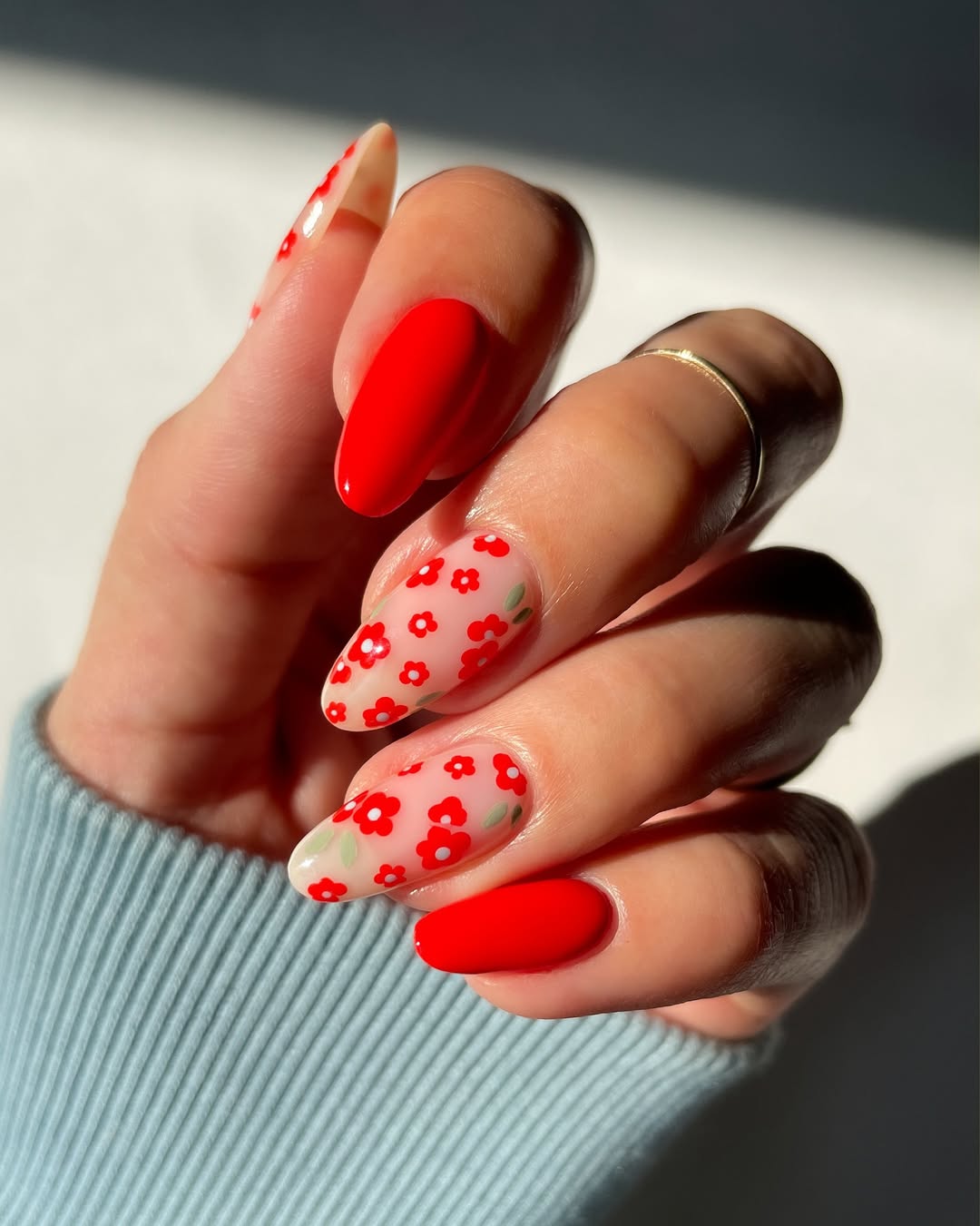 Glossy Red Floral Almond Accent Nails