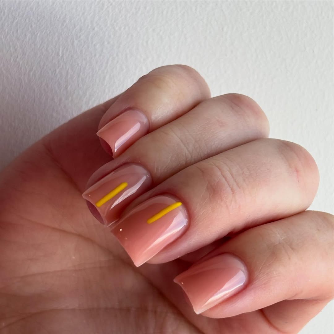 Glossy Sheer Peach with Abstract Yellow Line Art