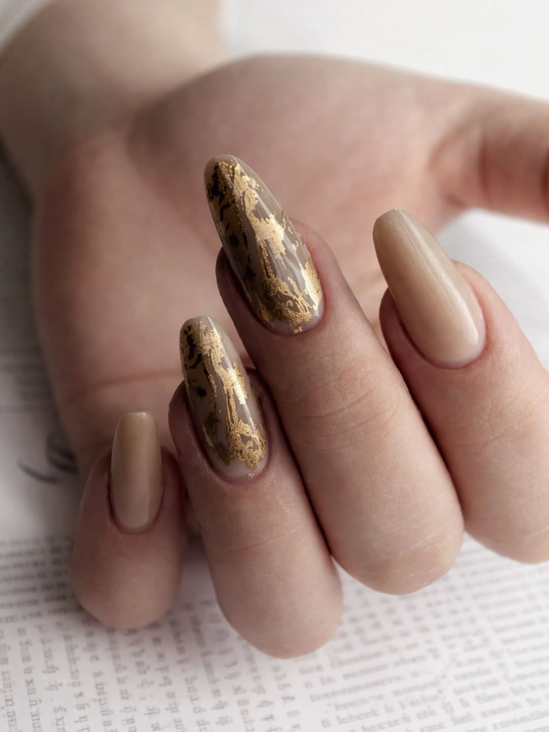 Gold Flake Nude Almond Gel Nails