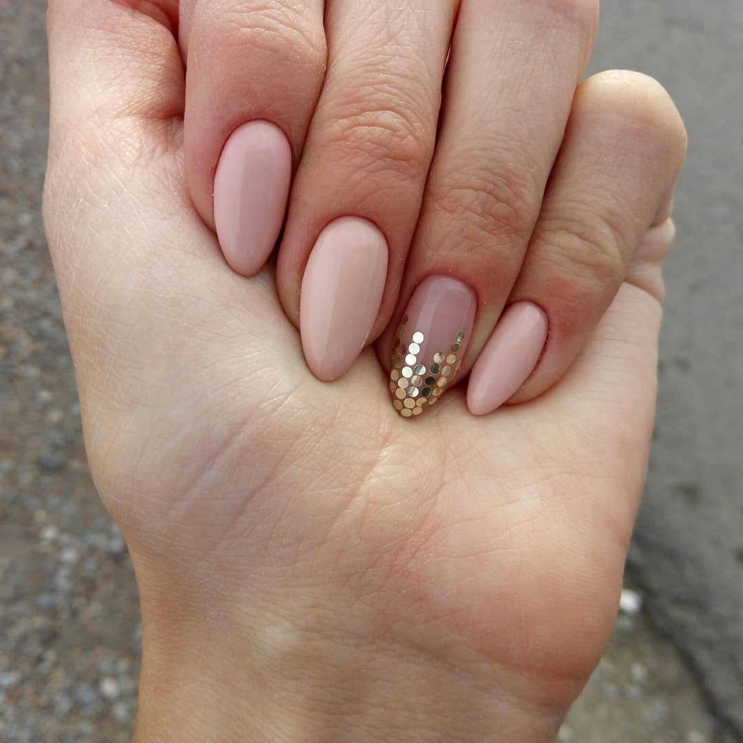 Gold Hexagon Glitter Accent Almond Blush Pink Nails