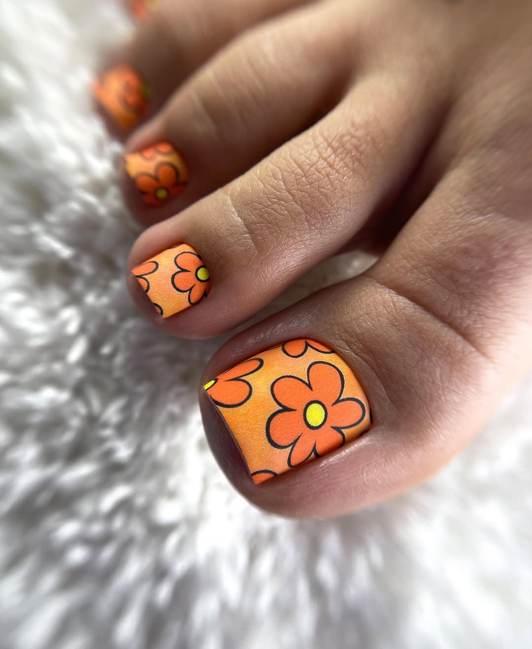 Groovy Orange Matte Floral Summer Pedicure