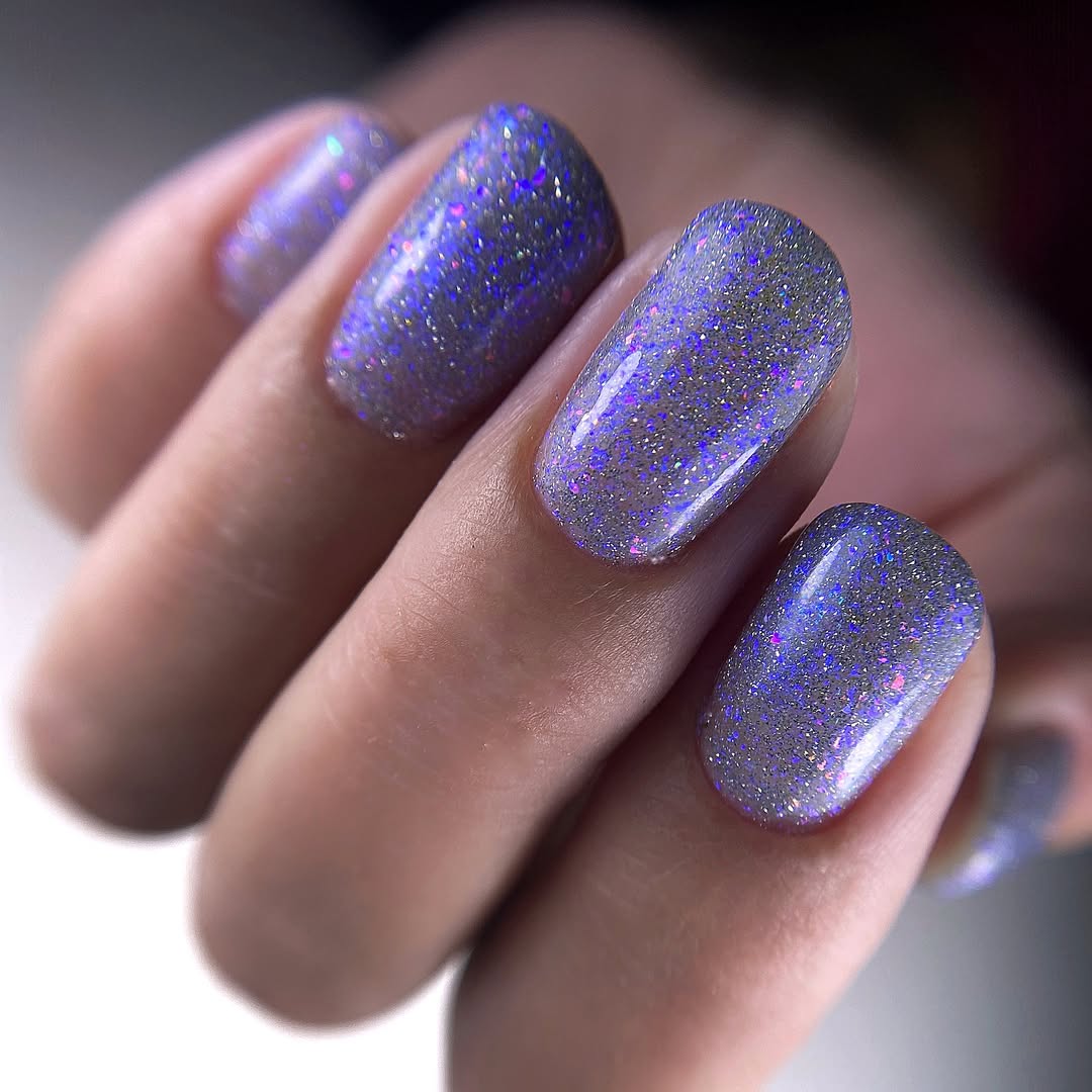 Holographic Lilac Glitter Squoval Summer Nails