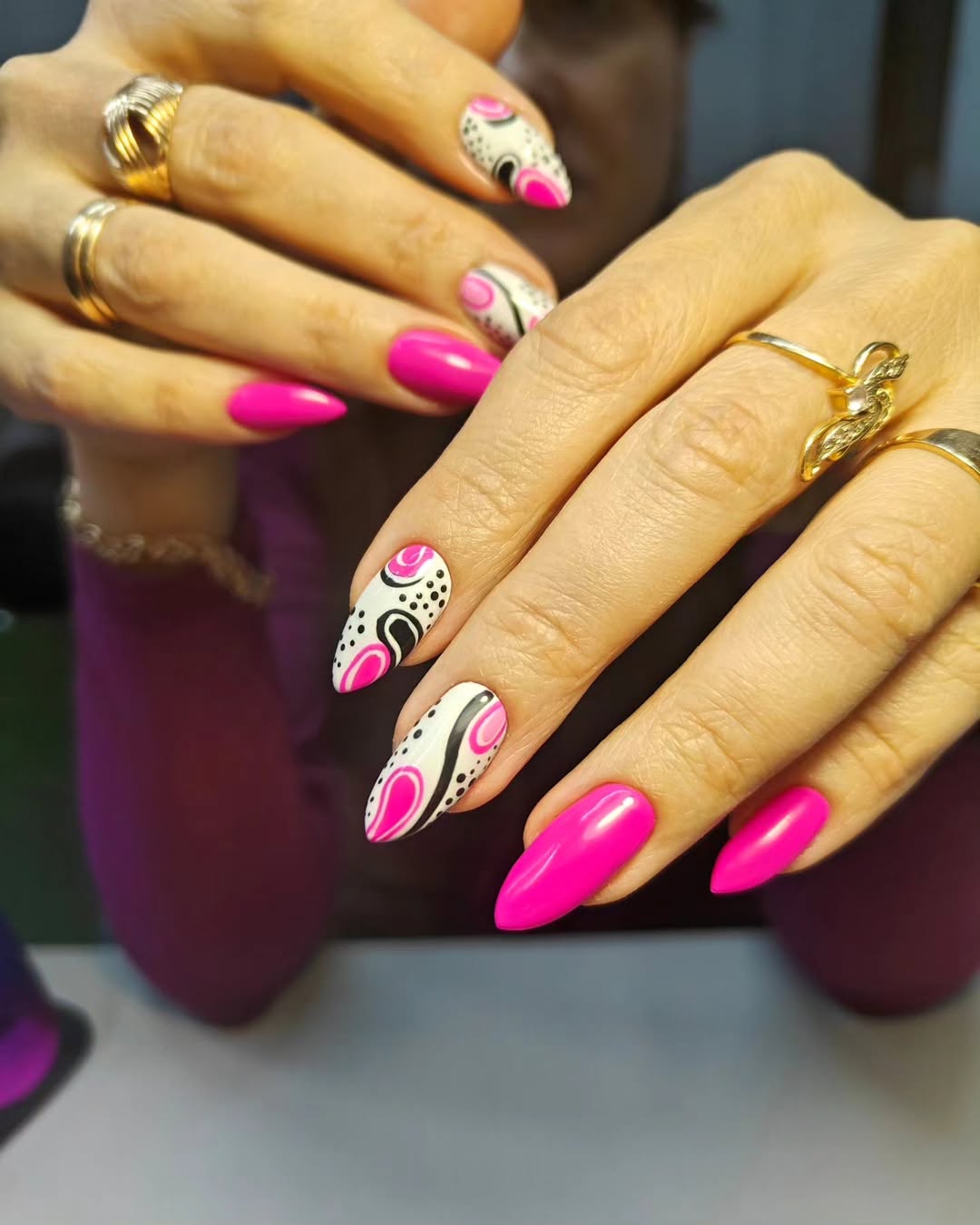 Hot Pink Abstract Swirl Almond Nails