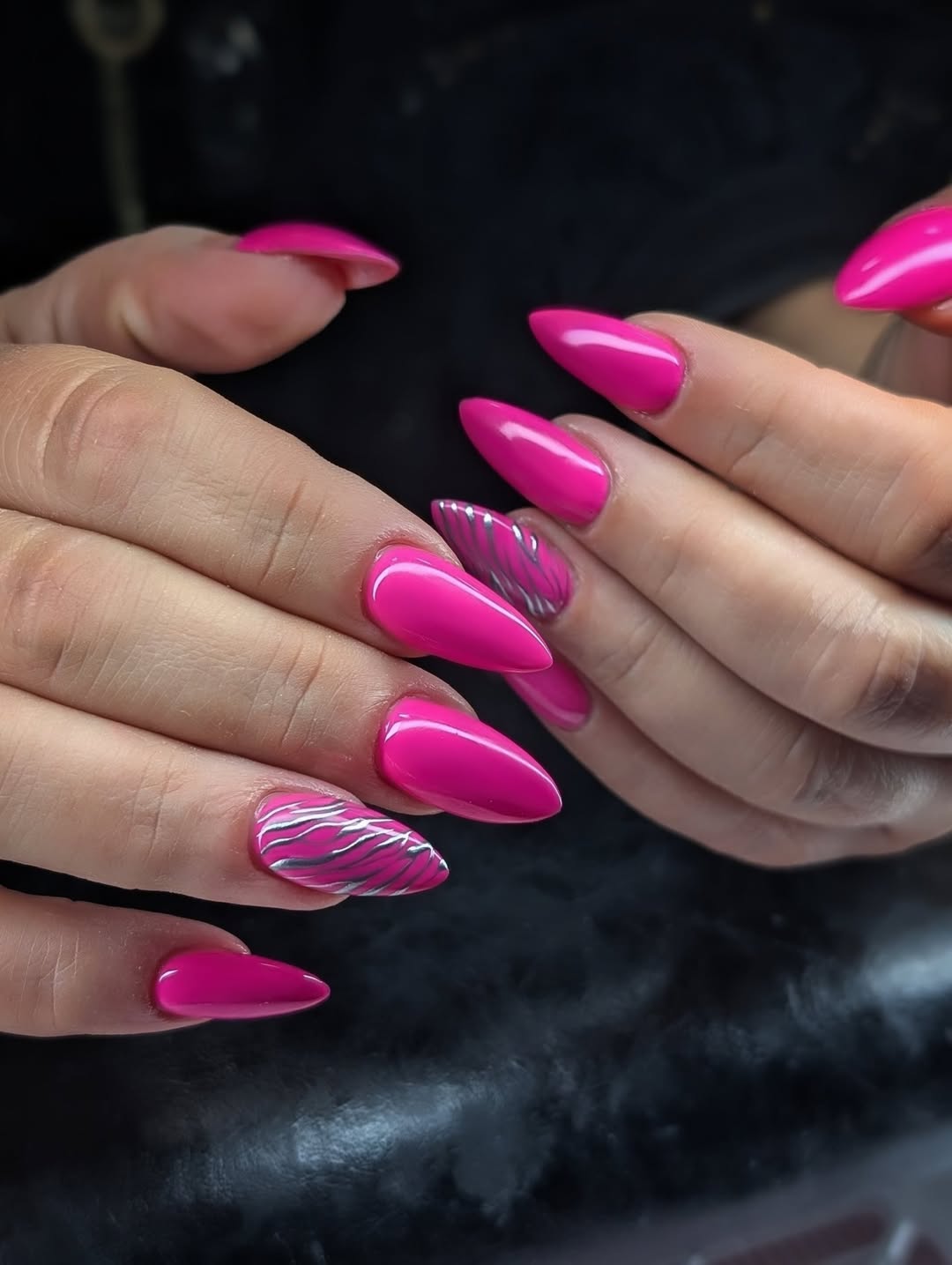 Hot Pink Almond Nails With Metallic Swirl Art