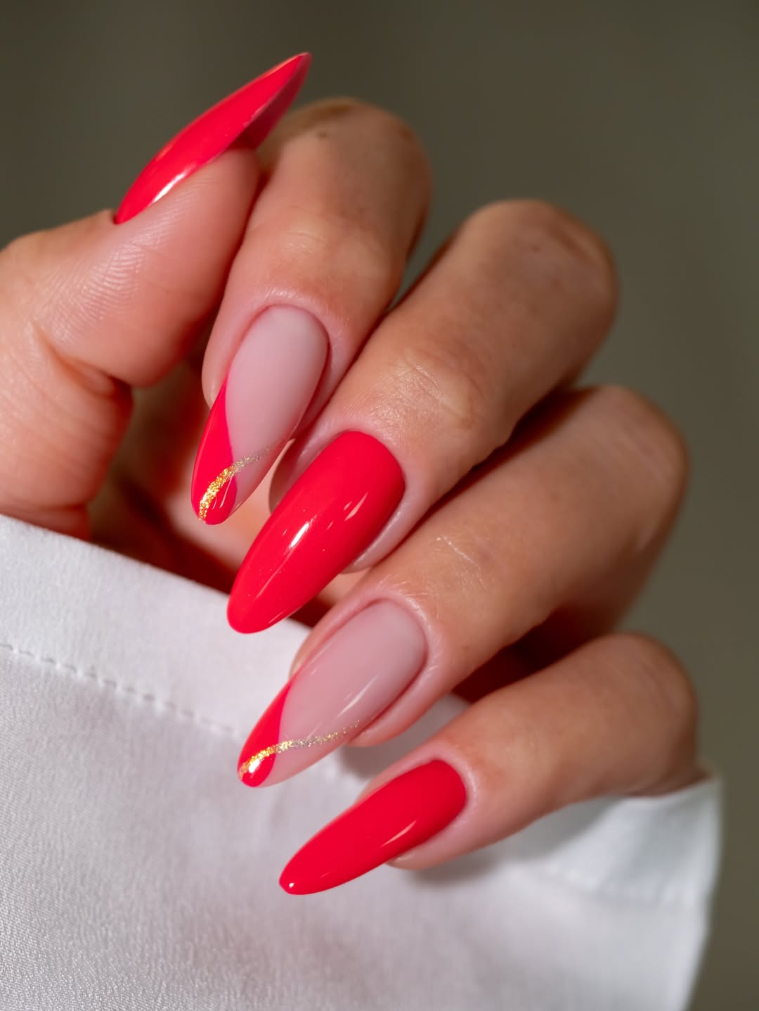 Hot Pink Almond Nails with Nude and Gold Accent