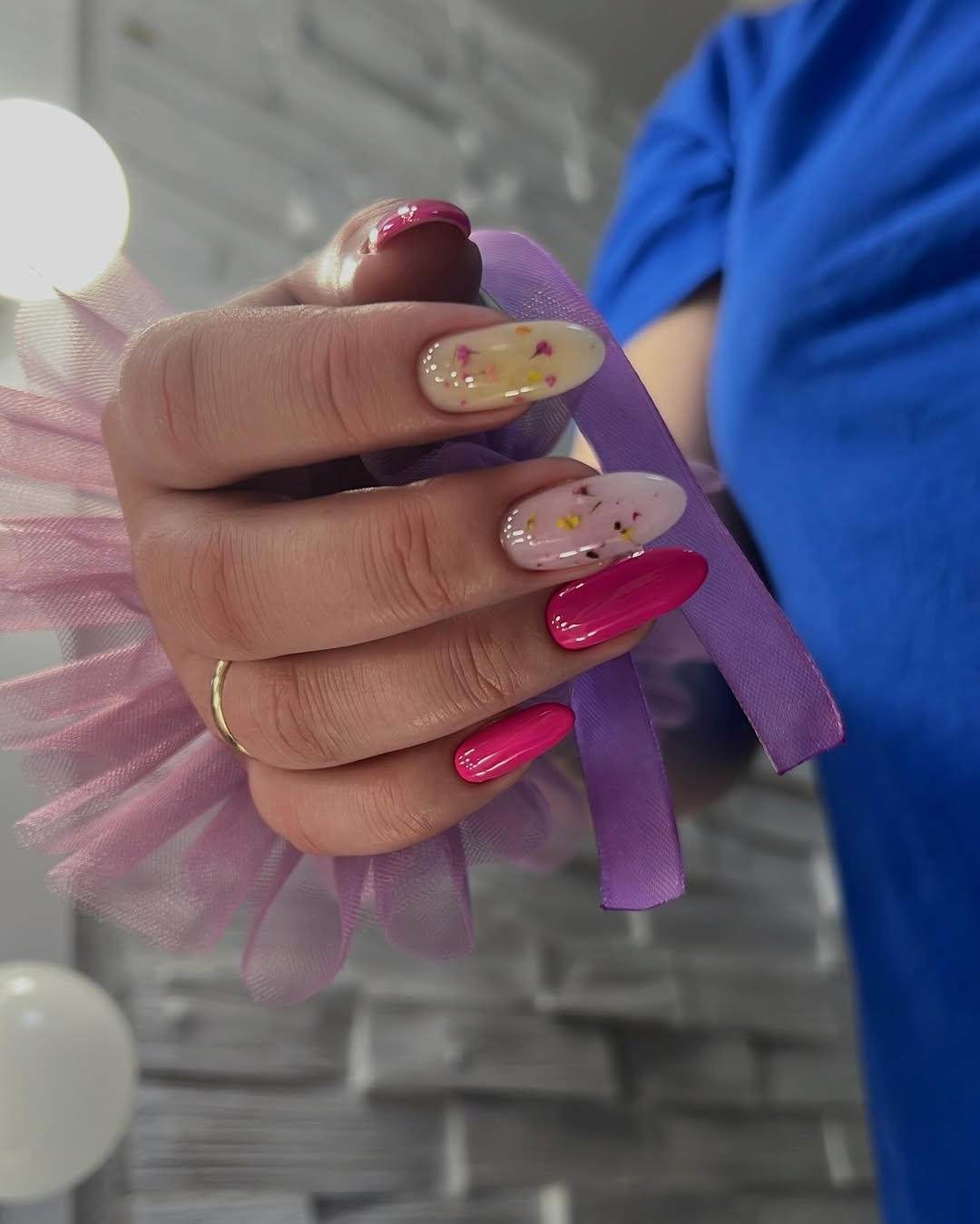 Hot Pink and Floral Burst Almond Nails