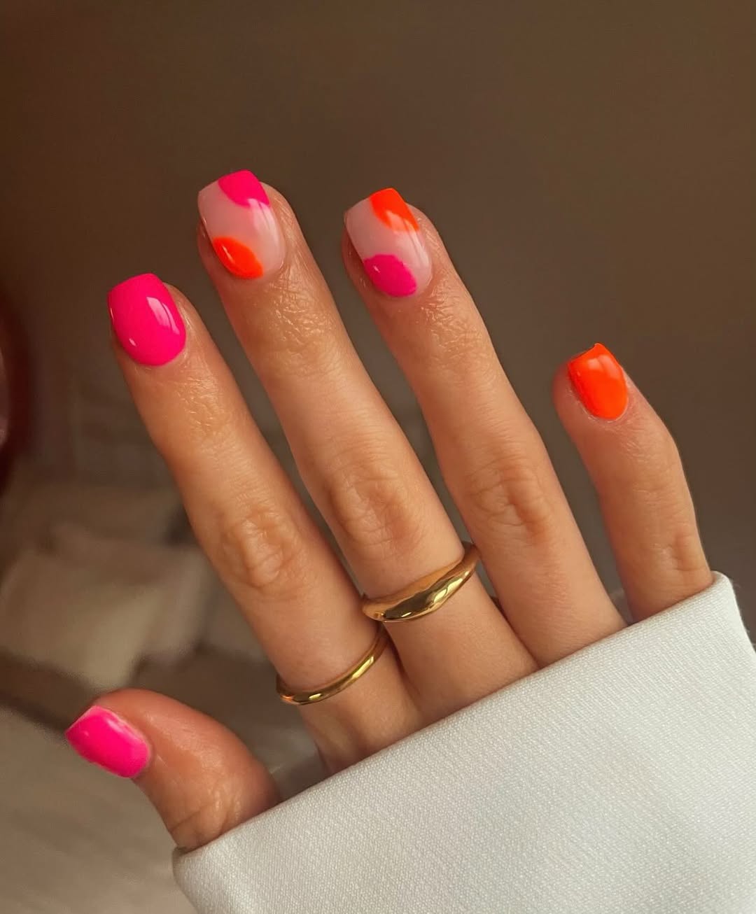 Hot Pink and Orange Abstract Swirl Nails