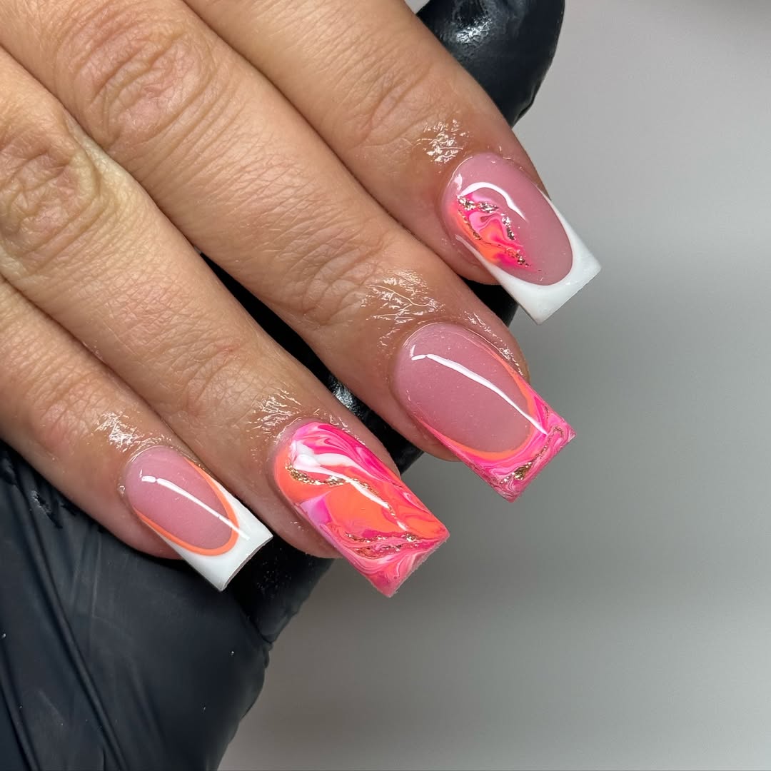 Hot Pink and Orange Marble French Tips with Gold Accents