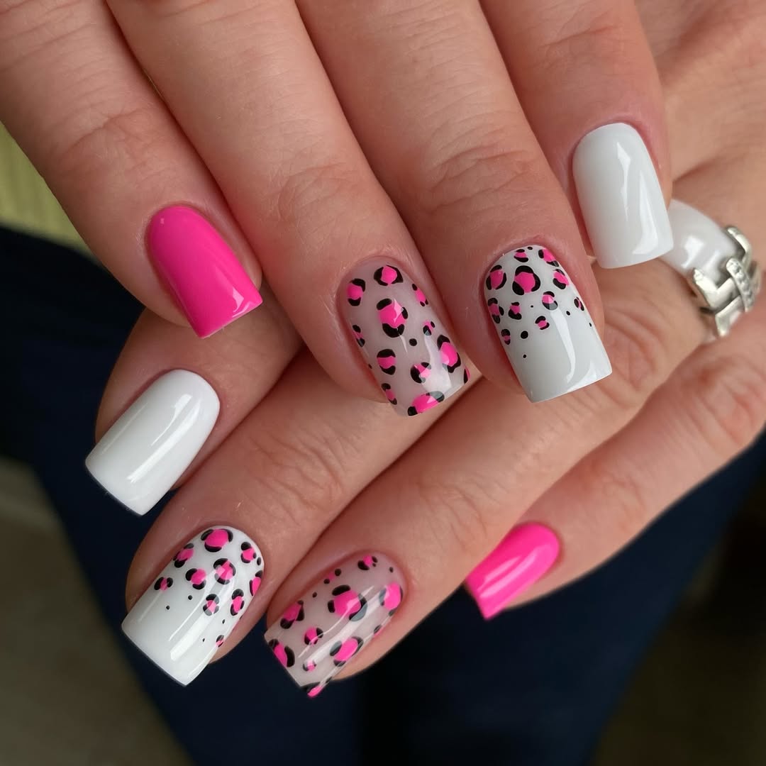 Hot Pink and White Leopard Print Square Nails
