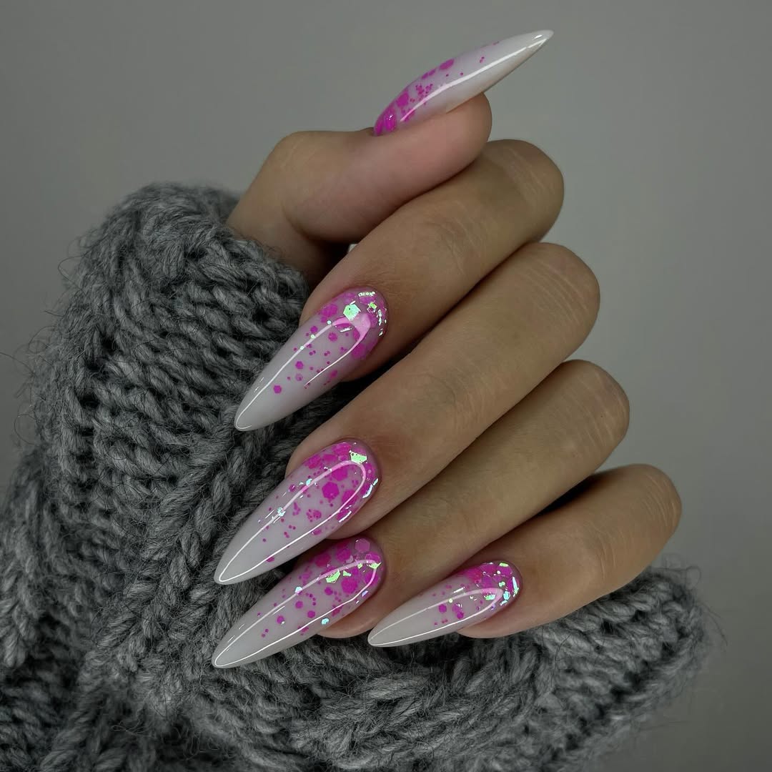 Hot Pink Confetti Sparkle Long Almond