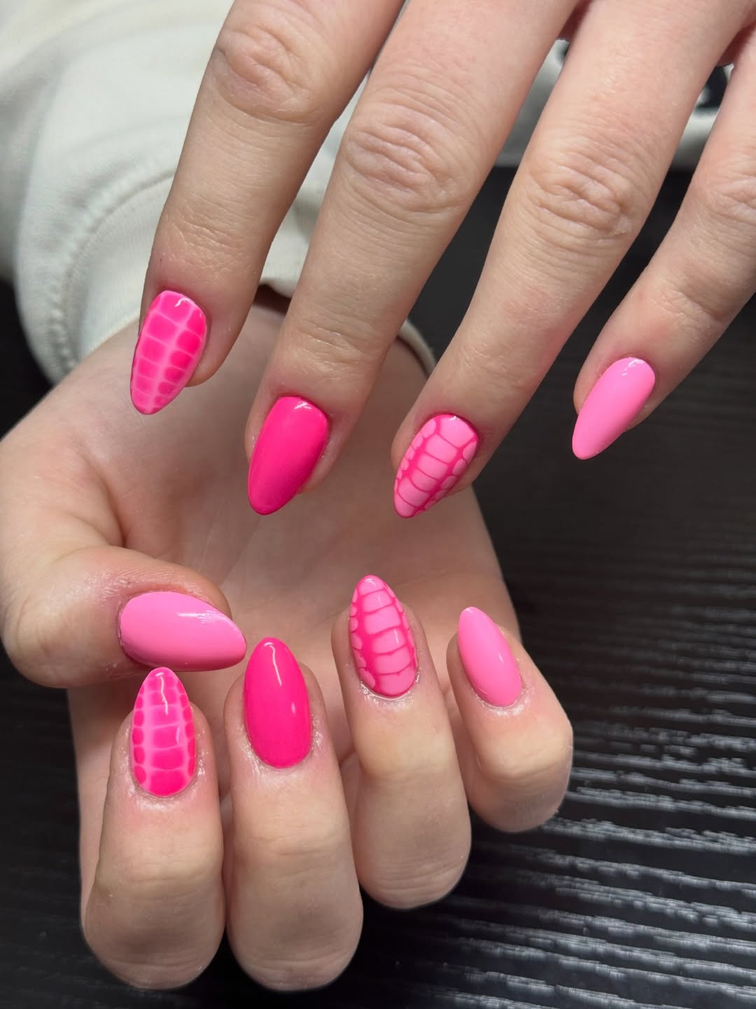 Hot Pink Crocodile Skin Almond Nails