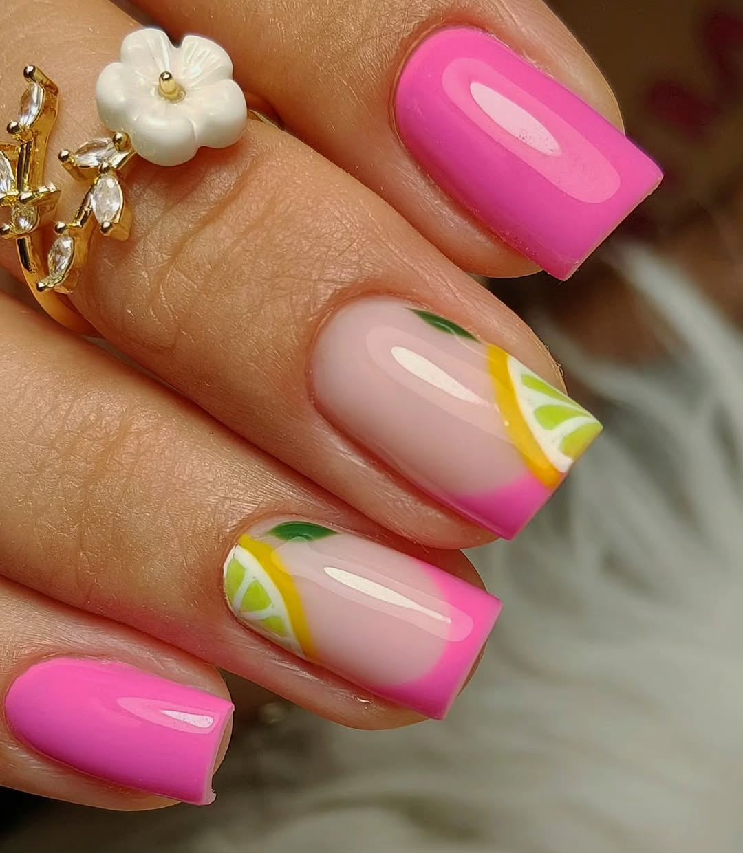 Hot Pink French Tips with Citrus Art