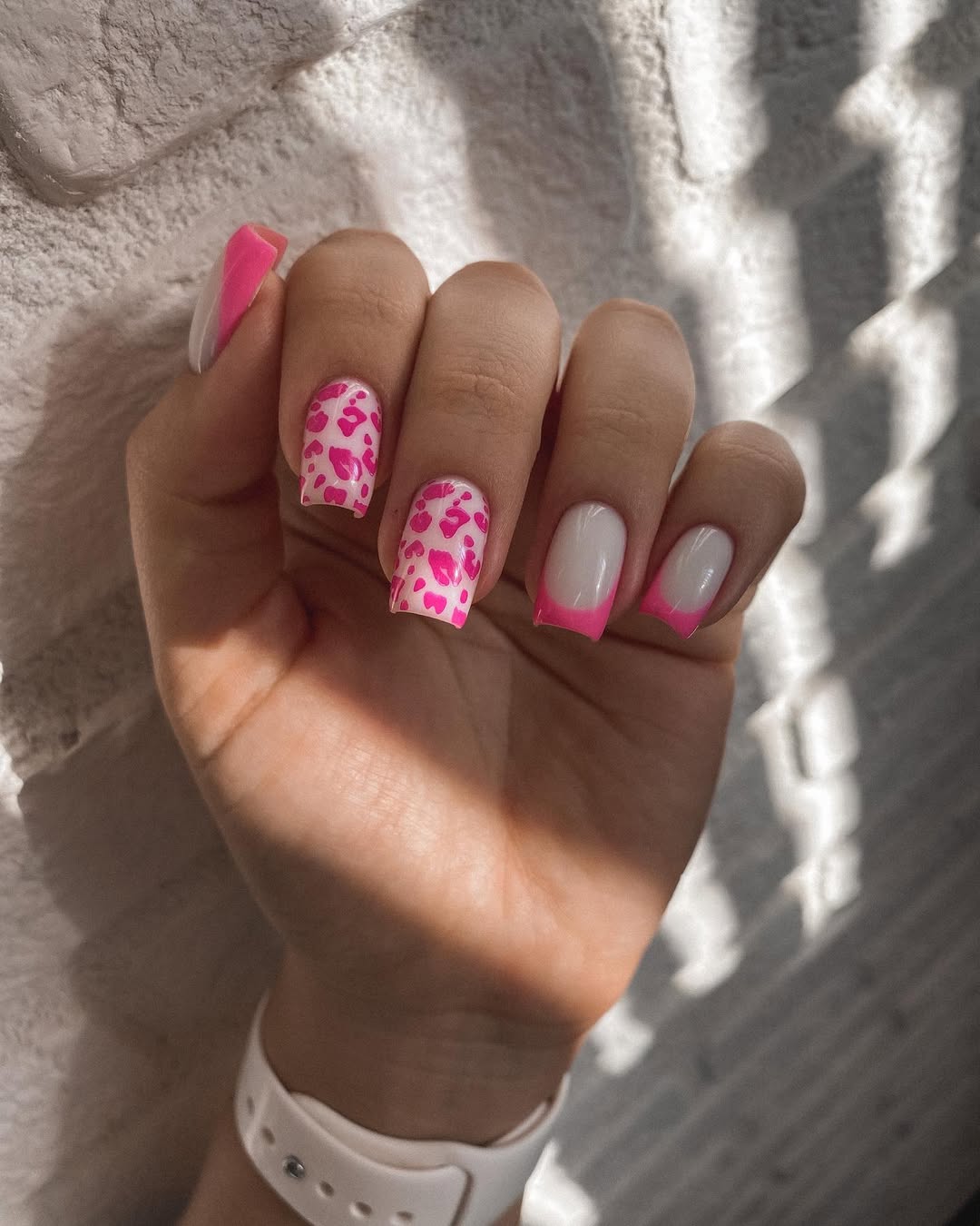 Hot Pink French Tips with Cow Print Accent