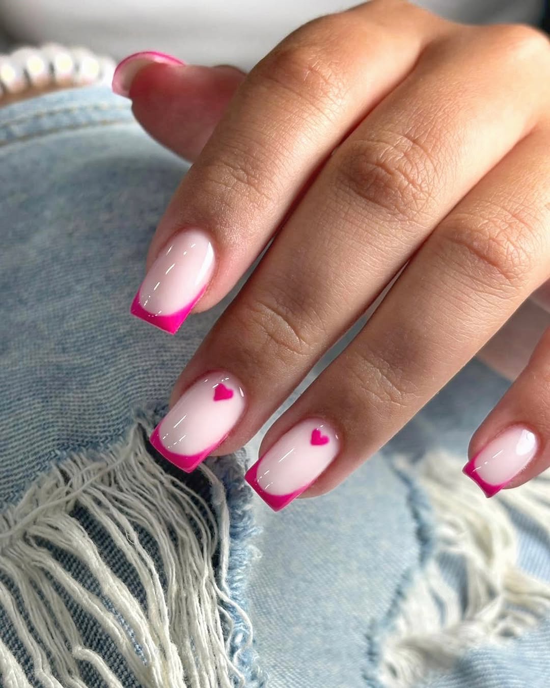 Hot Pink French Tips with Mini Heart Art