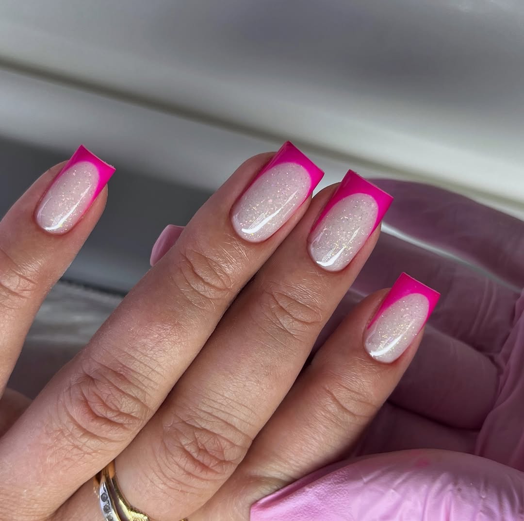 Hot Pink Glitter French Tip Square Nails
