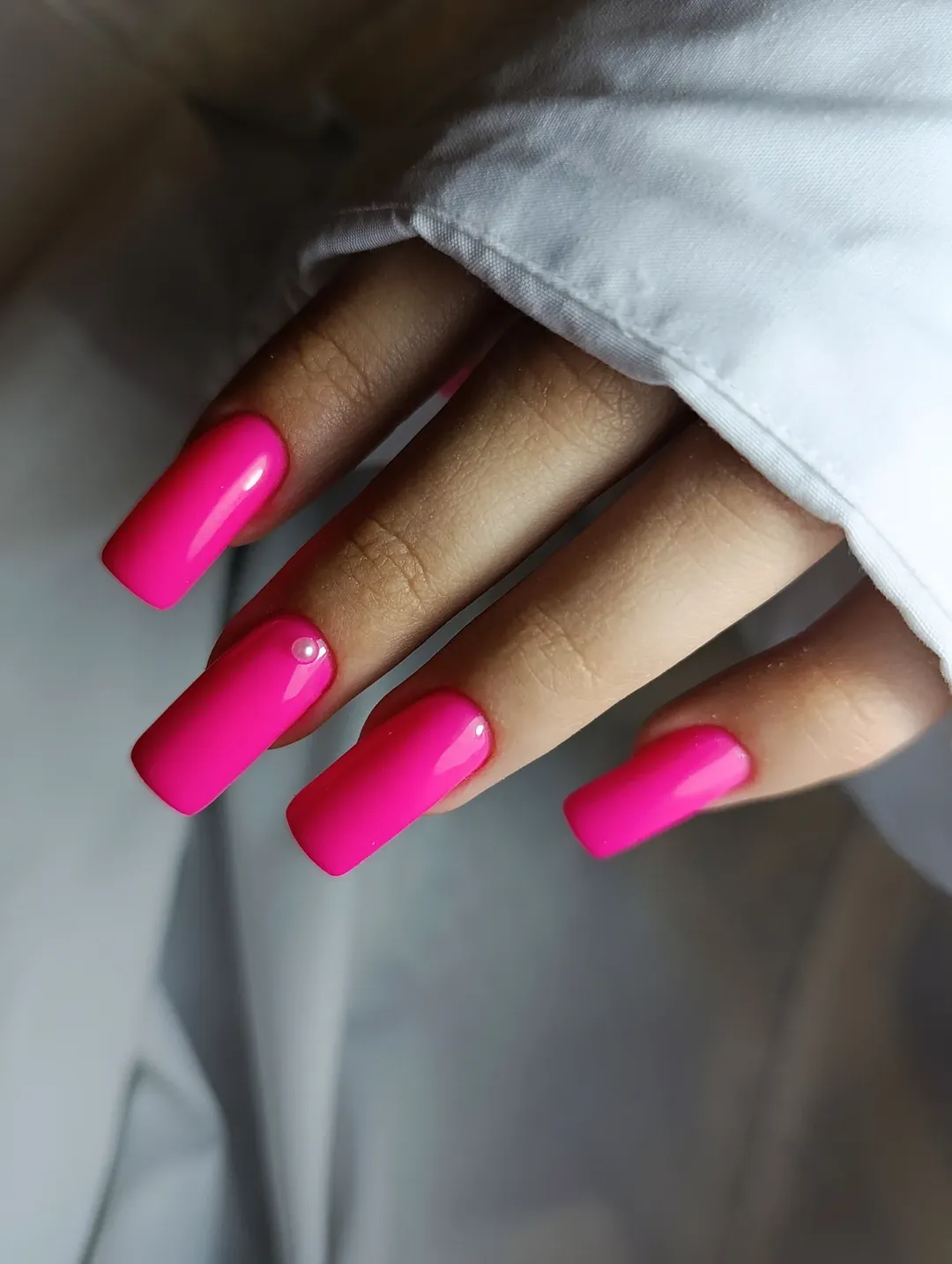 Hot Pink Glossy Coffin Nails with Pearl Accents