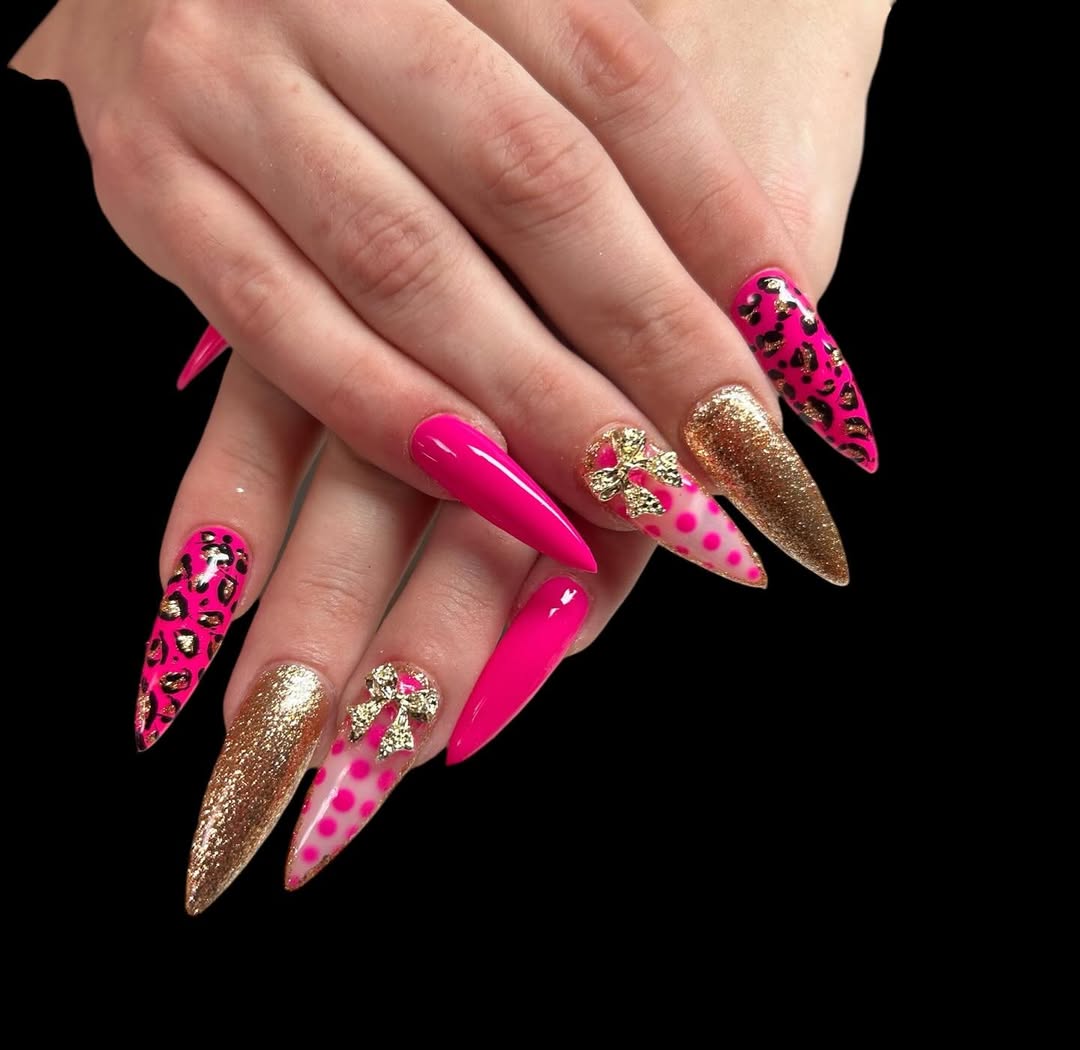 Hot Pink Leopard Gold Glitter Stiletto Bow Nails