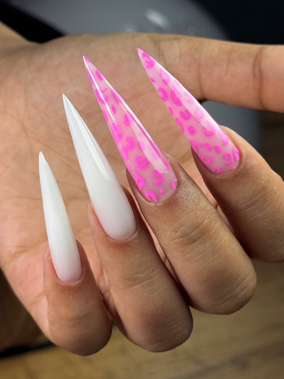 Hot Pink Leopard Print And Milky White Stiletto Nails