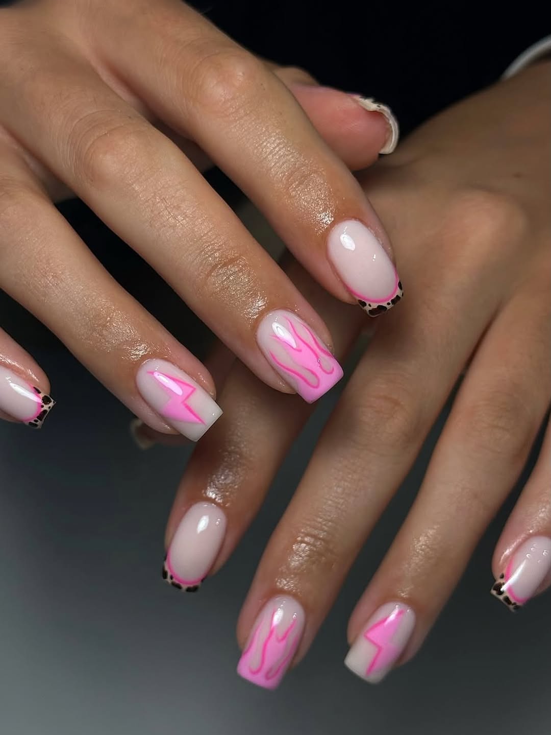 Hot Pink Lightning Flames Leopard French Tips