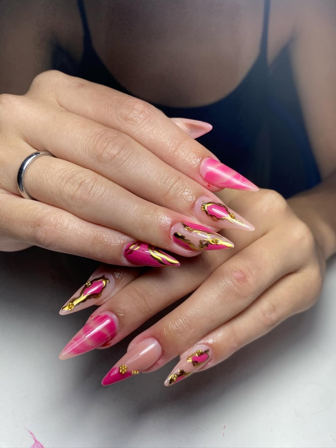 Hot Pink Marble with Gold Accents Stiletto Nails