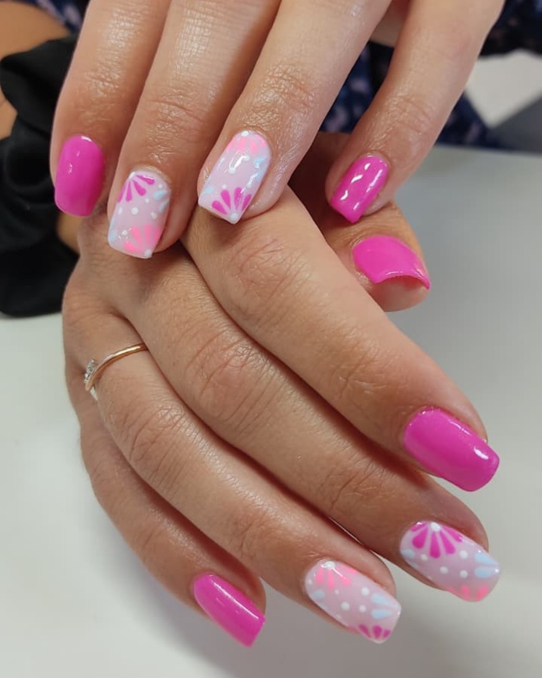 Hot Pink Nails with Fun Springtime Floral Art