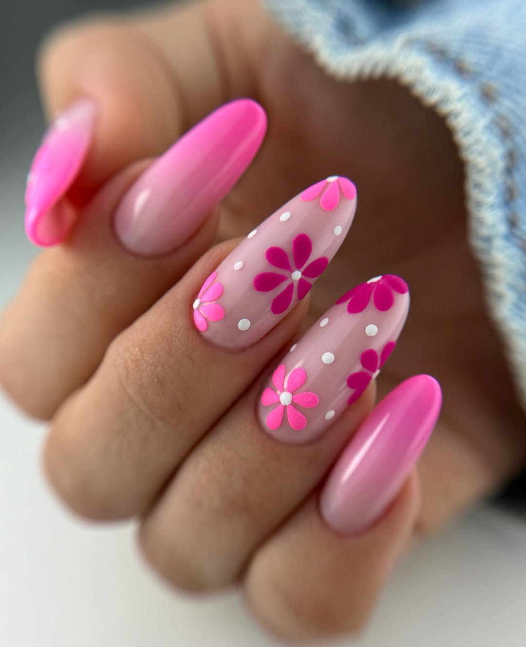 Hot Pink Ombre And Floral Accent Almond Nails