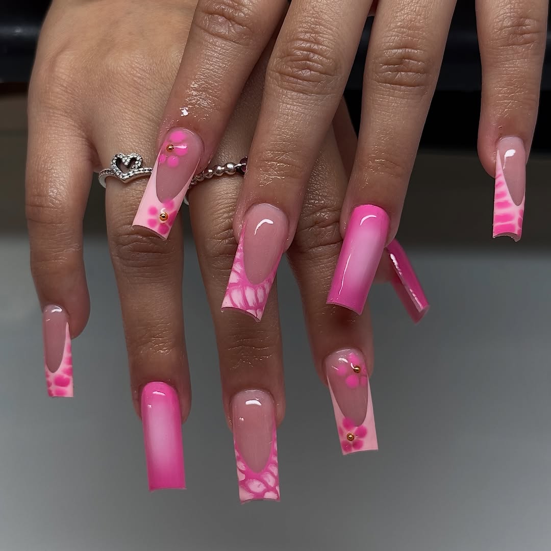 Hot Pink Ombre and Floral French XL Square Nails