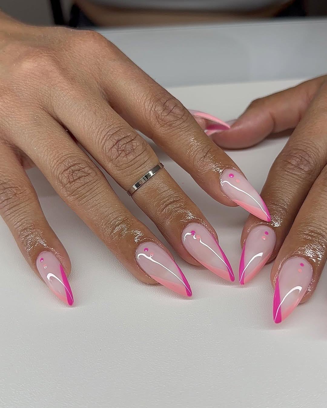 Hot Pink Ombre Stiletto French Tips with Dots