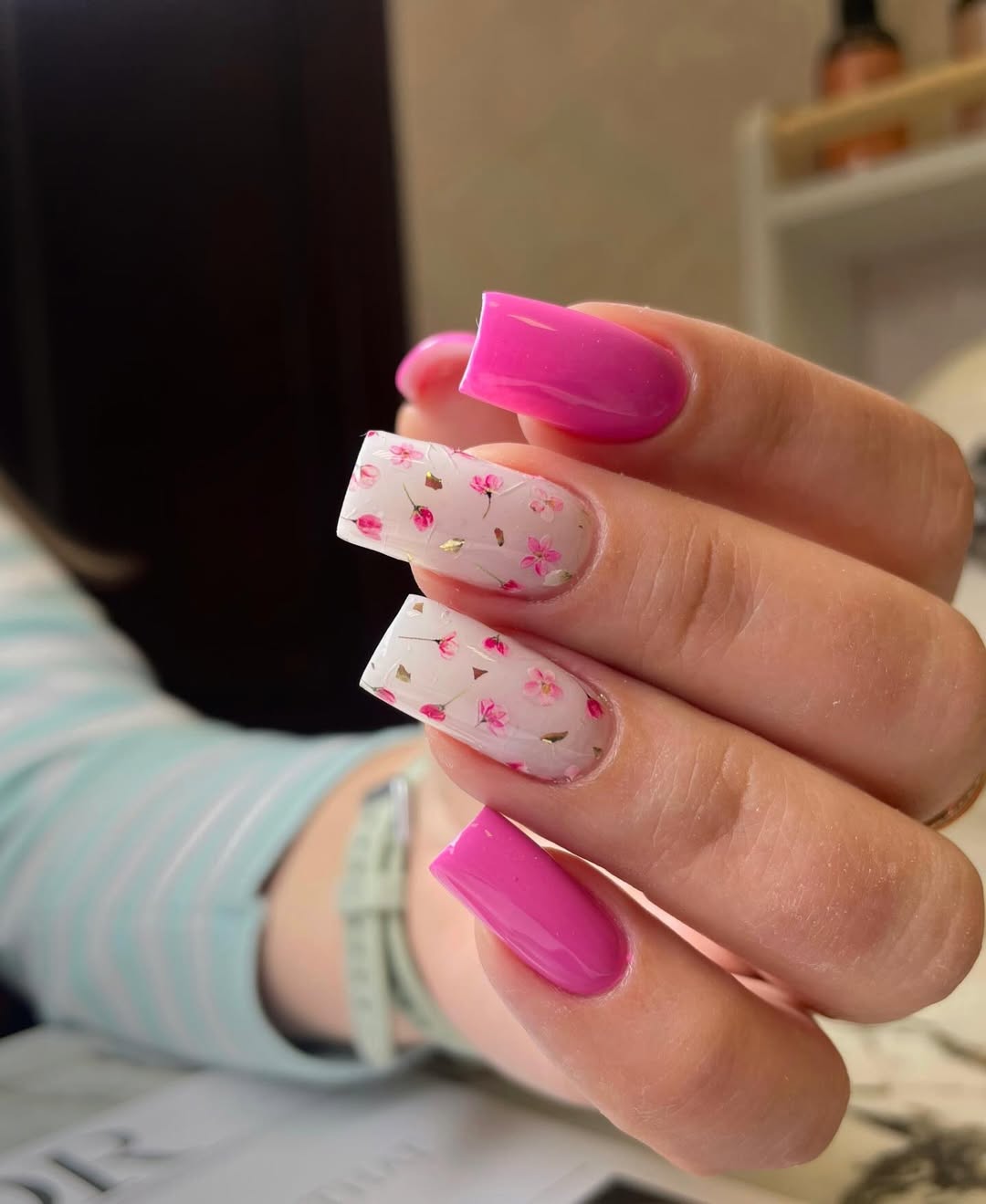 Hot Pink Solid and Floral Accent Nails