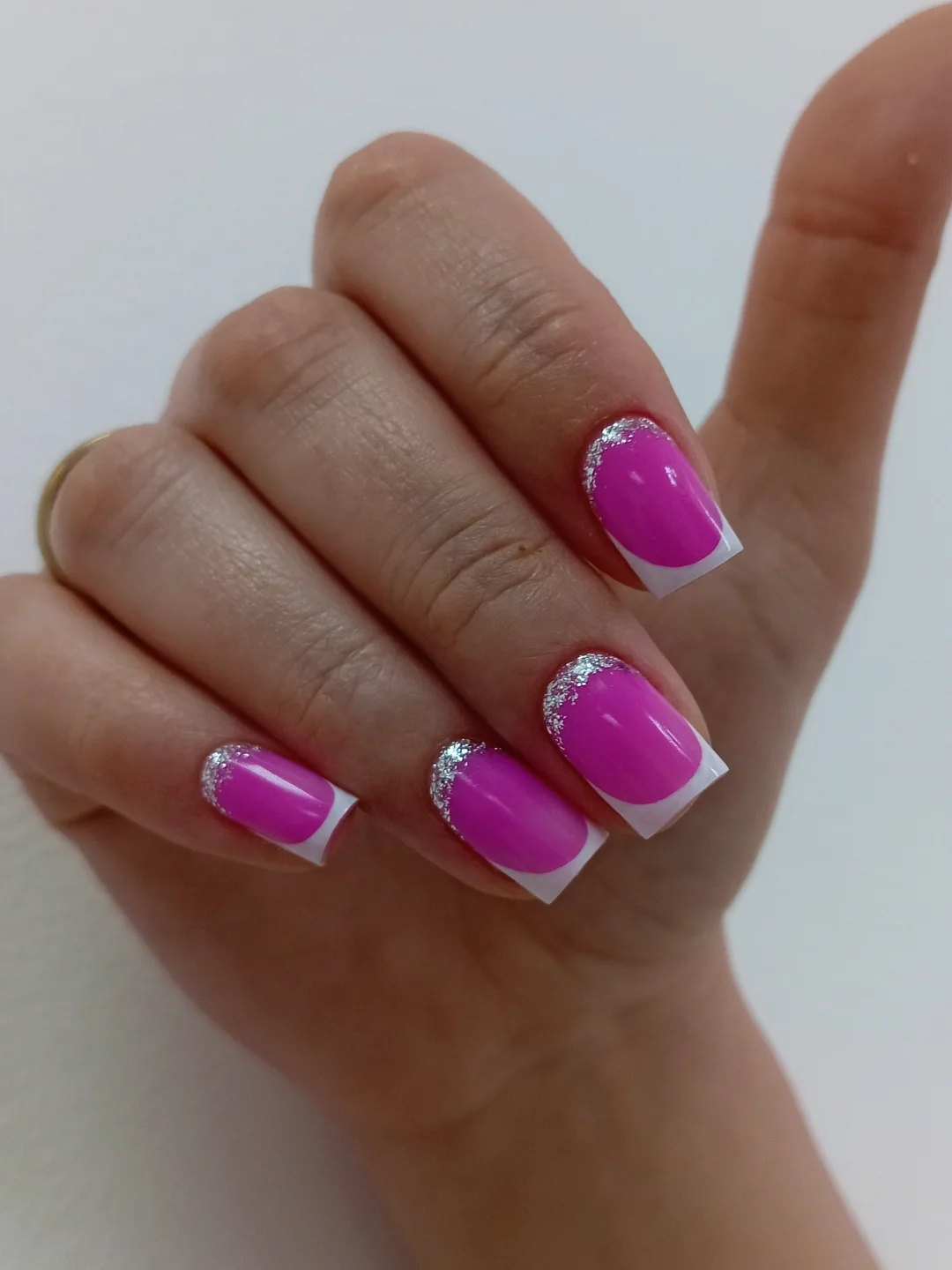 Hot Pink Square French with Silver Glitter Cuticle