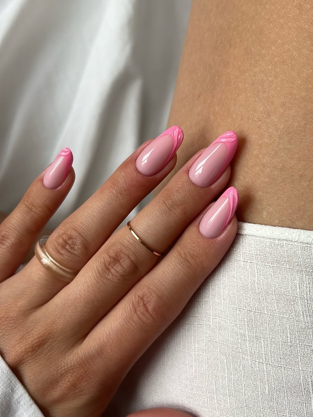 Hot Pink Wavy French Glazed Medium Almond Nails